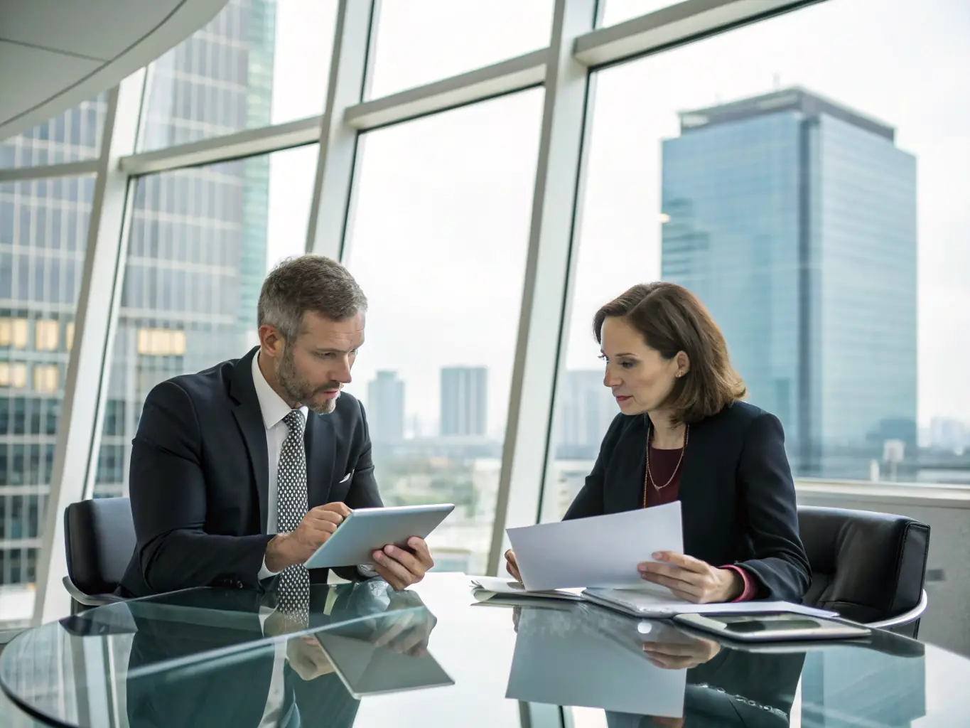 A photo of a person reviewing financial documents with a real estate agent in a modern office setting, emphasizing trust and expertise.