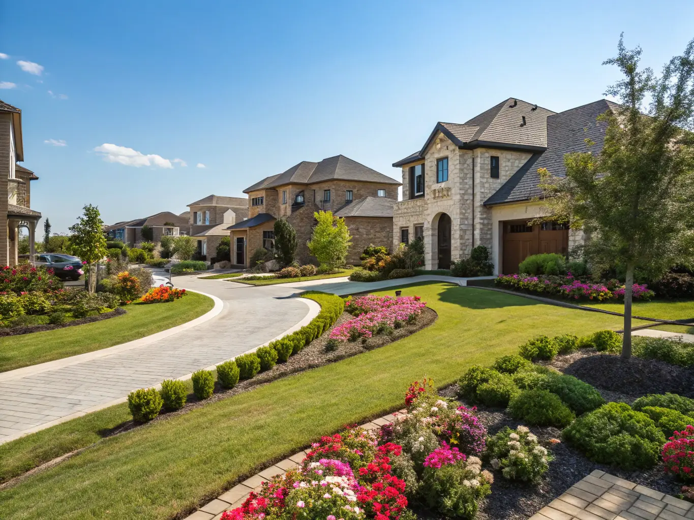 A scenic view of a Central Oregon neighborhood with diverse architectural styles, showcasing the variety of properties available.